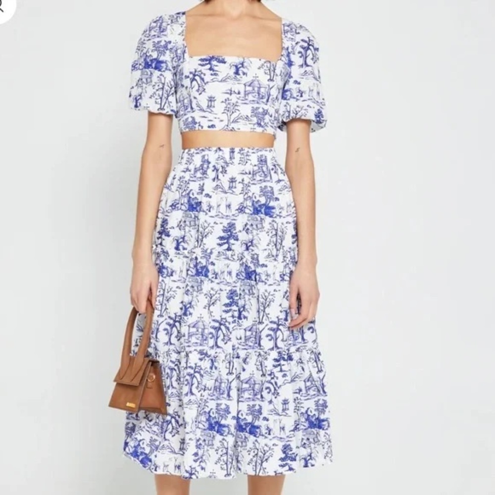 O.P.T Blue Toile Print Crop Top Puff Sleeve Skirt Set Cottagecore Small Anthro
